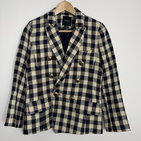 Smythe Women's Double Breasted Min Plaid Blazer Navy Check Size 6 - Picture 1 of 13